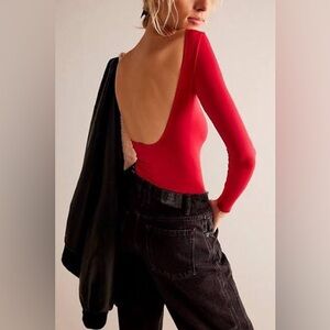 Free People Red Long Sleeve Low Back Bodysuit